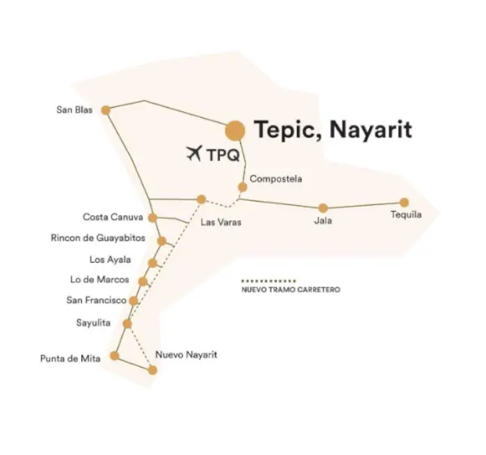 Mapa con rutas carreteras de la riviera Nayarit